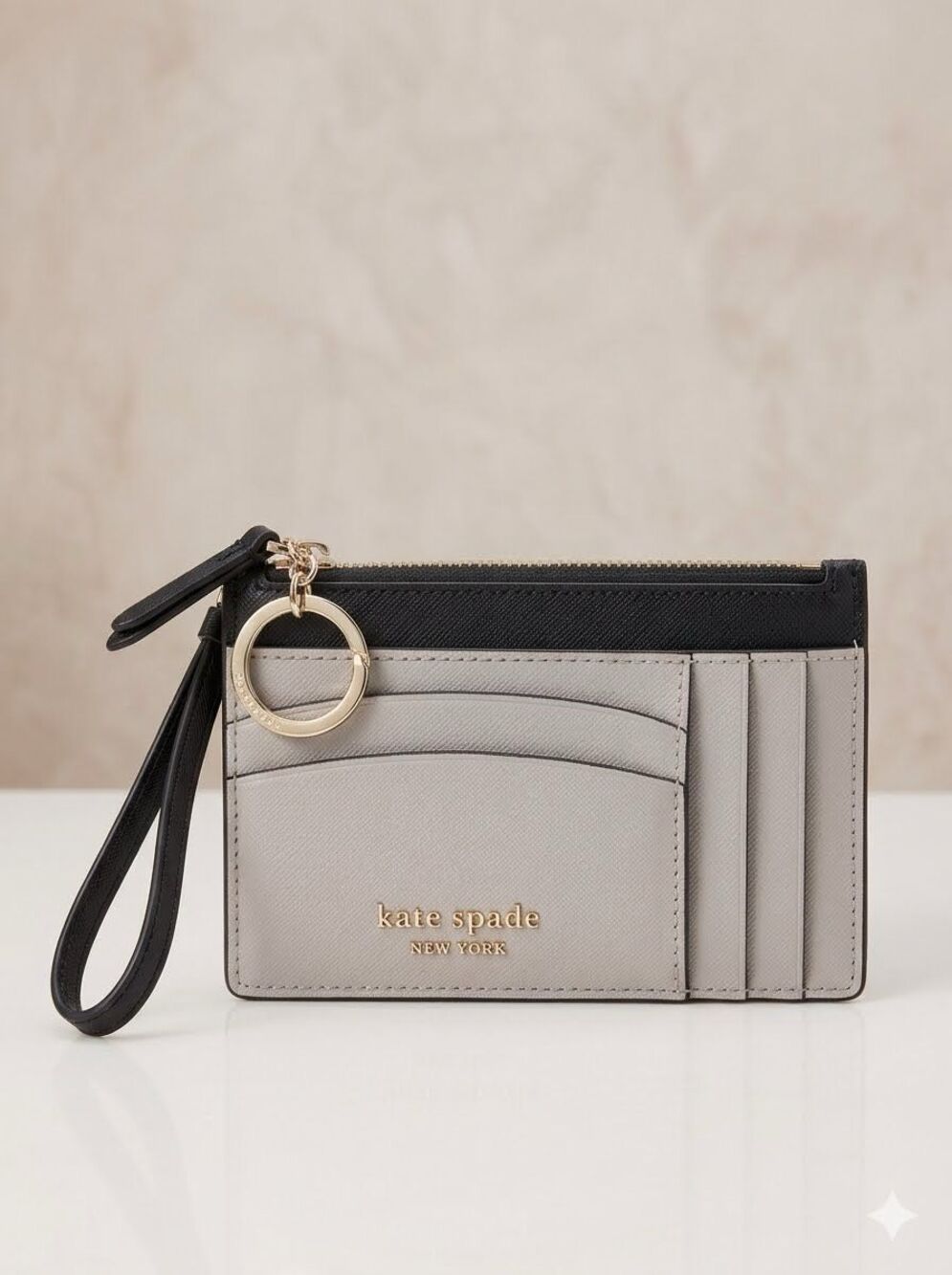 Kate Spade New York Spencer Card Case Wristlet Wallet Beige Black Minimalist